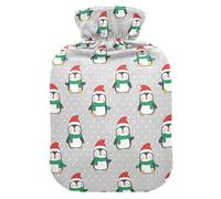 Christmas Grey Polka Dot Penguin Santa Hat Hot-Water Bottle with Soft Cover, 1L Water Bottle Bag for Hot and Cold Therapies