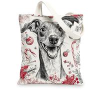 Christmas Greyhound Dog Canvas Tote Bag for Shopping 13 * 15, Cute Xmas Cartoon Reusable Grocery Shoulder Cloth Bag for Women, Pet Painting Gift Decor