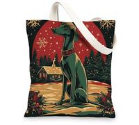 Christmas Greyhound Dog Canvas Tote Bag for Shopping 13 * 15, Xmas Snowy Forest Reusable Grocery Bag for Women, Pet Work Travel Painting Gift Decor