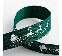 Christmas Grosgrain Ribbon - Green & White - Santa Sledge Sleigh Reindeer - 16mm x 5m