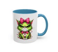 Christmas Grumpy Cat Accent Coffee Mug - Cute Green Kitty with Bow & Holiday Lights (11/15 oz) 11oz / Light Blue