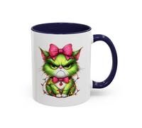 Christmas Grumpy Cat Accent Coffee Mug - Cute Green Kitty with Bow & Holiday Lights (11/15 oz) 11oz / Navy