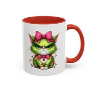 Christmas Grumpy Cat Accent Coffee Mug - Cute Green Kitty with Bow & Holiday Lights (11/15 oz) 11oz / Red