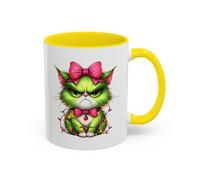 Christmas Grumpy Cat Accent Coffee Mug - Cute Green Kitty with Bow & Holiday Lights (11/15 oz) 11oz / Yellow