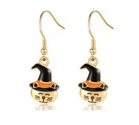 Christmas Halloween Cat with Witch Hat Dangle Earrings for Woman, Gold Plated Metal, Black and Orange, Festive Costume Jewelry
