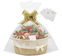Christmas Hamper Basket,1 Pcs Empty Hamper Basket with 2 Bags and 3 Pull Bows and 1 Pack Shredded Paper Cotton Rope Basket for Baby Shower,Wedding,Birthday,Easter (14.96 x 9.06 x 5.51 in) (Coffee)