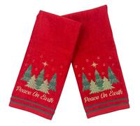Christmas Hand Towels for Bathroom - Set of 2 Red 100% Cotton Embroidered Christmas Trees & “Peace On Earth” Phrase Design - 25 x 16” Decorative Holiday Bath & Kitchen Towels