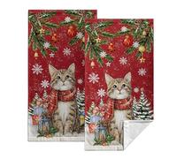 Christmas Hand Towels Lovely Cat Xmas Tree Kitchen Towels 14.4x28.3 Set of 2 Cute Kitten Fingertip Towel Red Holiday Highly Absorbent Towels for Bathroom Cooking Guest