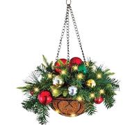 Christmas Hanging Basket 15.7x8 Inch Artificial Pine Basket with Red and Green Christmas Balls, Outdoor Hanging Flower for Porch Garden Decoration