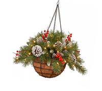 Christmas Hanging Basket 7.9x17.7 inch Realistic Artificial Frosted Pine Cones Berries Decoration with String Light for Door Window Wall (No Battery)..