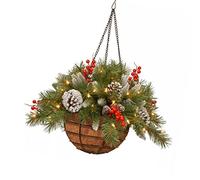 Christmas Hanging Basket 7.9x17.7 inch Realistic Artificial Frosted Pine Cones Berries Decoration with String Light for Door Window Wall (No Battery)..