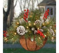 Christmas Hanging Baskets With Lights, Christmas Artificial Flowers Hanging Basket, Light Up Faux Plant Basket, With Artificial Red Berries & Pine Cones, 50x25cm, For Holiday Party Garden Patio Yard