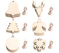 Christmas Hanging Decoration 60 PCS 6 Styles Wooden Christmas Hanging Shaped Pendants Bauble Deer Snowflake for DIY Wood Crafts Christmas Decoration, Christmas Tree Ornaments with Strings