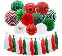Christmas Hanging Decoration, Christmas Paper Decorations Ceiling Indoor, Paper Pom Poms, Tassel Garland Fan, Retro Party Wall Decor for Birthday Wedding Baby Bridal Shower Engagement