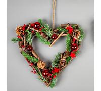 SHATCHI 35cm Prelit Heart Wreath Battery Operated - Wooden Twigs Base Decorated with Red Baubles,Berries,Stars,Foliage,Pine Cones, Micro Rice LED Lights - Christmas Home Hanging Decoration