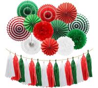 Christmas Hanging Decorations - Red, Green, White Paper Fans, Pom Poms, Flowers & Tissue Tassel Garland