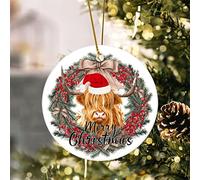 Christmas Hanging Ornaments Merry Christmas Highland Cow Wreath Ceramic Keepsake Abstract Animal Winter Holiday 3.2 Inch Double-Sided Christmas Decor Gift for Newlyweds Married Couple Parents Friend