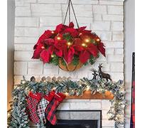 Christmas Hanging Poinsettia Flowers Plants Basket, Pre Lit Christmas Hanging Basket Flocked with Mixed Decorations and LED Lights Artificial Frosted Berry Pine Cones for
