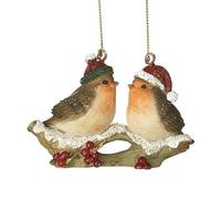 Christmas Hanging Robins On Branch With Hats, 8x3x5.5 cm