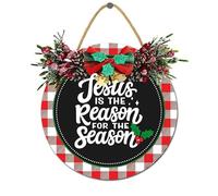 Christmas Hanging Sign for Front Door,Jesus is The Reason for The Season Christmas Door Sign, Christmas Wreath for Front Porch Farmhouse Window Wall Decorations 11.2"x11.2"