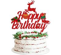 Christmas Happy Birthday Cake Topper Glitter Christmas Elk Cake Topper Decorations Merry Christmas Happy New Year Xmas Birthday Party Decorations