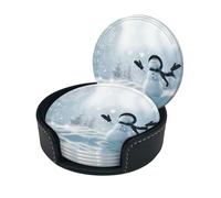 Christmas Happy Snowman Print Chic Round Leather Coasters â€“ Set Of 6 Full-Print Coasters In A Premium Pu Leather Storage Box