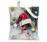Christmas Hat Canvas Tote Bag for Shopping 13 * 15, Novelty Luxury Xmas Balls Reusable Grocery Shoulder Cloth Bag for Women, Winter Painting Gift Decor