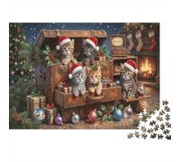 Christmas Hat Cat 1000 Piece Puzzle Vintage Leather Trunk for Relaxation First-Time Jigsaw Users Memory Improvement Small Gift Idea 70x50cm/1000pcs
