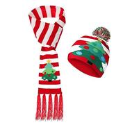 Christmas Hat Scarf Set LED Light Up Christmas Cap Snowflake Santa Elk Christmas Tree Print Unisex New Year Festive Tassel Scarf Beanie Set Xmas Decorations Holiday Party Decor Xmas Gifts (Red White)