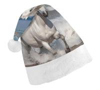 Christmas Hats for Adults White Horse Running on The Sea Santa Hats Unisex Red Velvet Holiday Headwear Xmas Hat for Christmas Festive New Year Party Adult