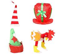 CHRISTMAS HATS PARTY PACK 4 PIECE MENS LADIES XMAS COSTUME FANCY DRESS ACCESSORY SET - PRESENT HAT + TURKEY HAT + STRIPED TALL HAT + ELF HAT WITH STAR