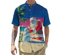 Christmas Hawaiian Shirts for Men | Short Sleeve Christmas Santa Beach Shirts,Band Collar Summer Clothes Play with Sand 3XL