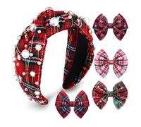 Christmas Headband Bow Red Green Pearl Rhinestone Christmas Knotted Headband Xmas Festive Top Knot Head Band Bow Barrettes Winter Holiday Christmas Outift Accessories (Christmas headbands bows B set)