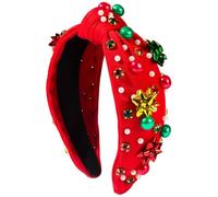 Christmas Headbands For Women, Christmas Headband Vintage Knotted Red Headband with Rhinestone, Red Green Pearl & Snowflake Decor Wide Top Knot for Women Xmas Headwear Holiday Outfits Gifts