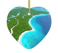 Christmas Heart Ornaments, An island in the ocean Print Ceramic Hanging Home, Xmas Tree Decorations With Golden Rope Ring