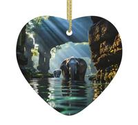 Christmas Heart Ornaments, Asian elephant in the water Print Ceramic Hanging Home, Xmas Tree Decorations With Golden Rope Ring