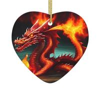 Christmas Heart Ornaments, Dragon King in Fire Print Ceramic Hanging Home, Xmas Tree Decorations With Golden Rope Ring
