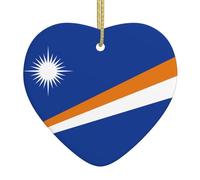 Christmas Heart Ornaments, Flag of the Marshall Islands Print Ceramic Hanging Home, Xmas Tree Decorations With Golden Rope Ring