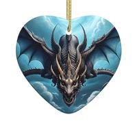 Christmas Heart Ornaments, Flying Dragon Print Ceramic Hanging Home, Xmas Tree Decorations With Golden Rope Ring