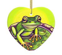 Christmas Heart Ornaments, Frog in a pond Print Ceramic Hanging Home, Xmas Tree Decorations With Golden Rope Ring