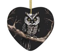 Christmas Heart Ornaments, Late Night Owl Print Ceramic Hanging Home, Xmas Tree Decorations With Golden Rope Ring