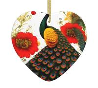 Christmas Heart Ornaments, Peacock Red flower Print Ceramic Hanging Home, Xmas Tree Decorations With Golden Rope Ring