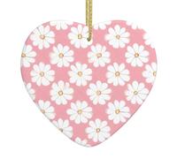 Christmas Heart Ornaments, White Chrysanthemum Texture Chart Print Ceramic Hanging Home, Xmas Tree Decorations With Golden Rope Ring