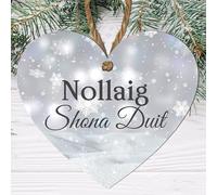 Christmas Heart Plaque - Choose from 4 Designs: Merry Xmas, Nollaig Shona Duit, Nollaig Chridheil, Nadolig Llawen, Holiday Décor (Irish - Nollaig Shona Duit, Small: 10 cm (H) × 9 cm (W))