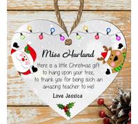 Christmas Heart Plaque for Teachers, MDF or Acrylic with Twine, Featuring Santa & Reindeer, Personalised Teacher’s Message, Ideal for Nursery/School Christmas (MDF Wood - Indoor use only)