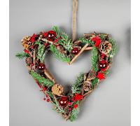 SHATCHI 35cm Prelit Heart Wreath Battery Operated - Wooden Twigs Base Decorated with Red Baubles,Berries,Stars,Foliage,Pine Cones, Micro Rice LED Lights - Christmas Home Hanging Decoration