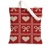 Christmas Hearts Canvas Tote Bags, Vintage Bow Pattern Reusable Grocery Bags, Festive Rustic Lightweight Washable Shoulder, Red, 13x15 Inch