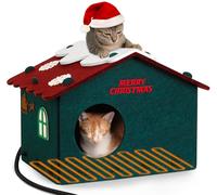 Christmas Heated Cat Bed Indoor, Cute Felt Cat Beds for Indoor Cats with Christmas Decorations, Scratch Resistant Cat Houses for Indoor Cats, Cat Bed Cave with Heated Pad