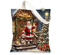 Christmas Hedgehog Canvas Tote Bag for Shopping 13 * 15, Festive Cabin Tree Reusable Grocery Shoulder Bag for Women, Xmas Painting Gift Decor