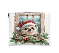 Christmas Hedgehog Cosmetic Bag, Cute Winter Animal Print Makeup Pouch for Women, Portable Zipper Organizer, Holiday Skincare Toiletry Bag 7x9 Inch